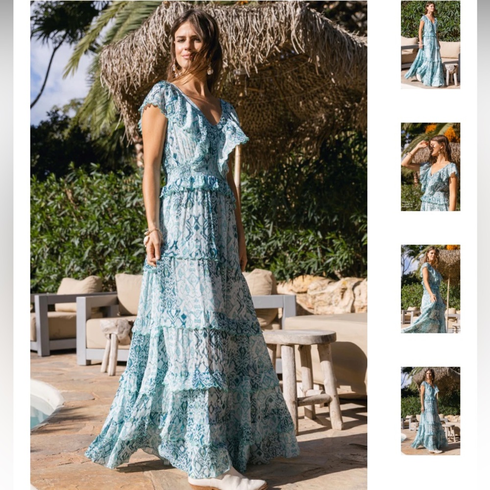 Miss June Paris Lilas Maxi Dress Tiered Ruffle Blue Aqua Turquoise Ikat One Size